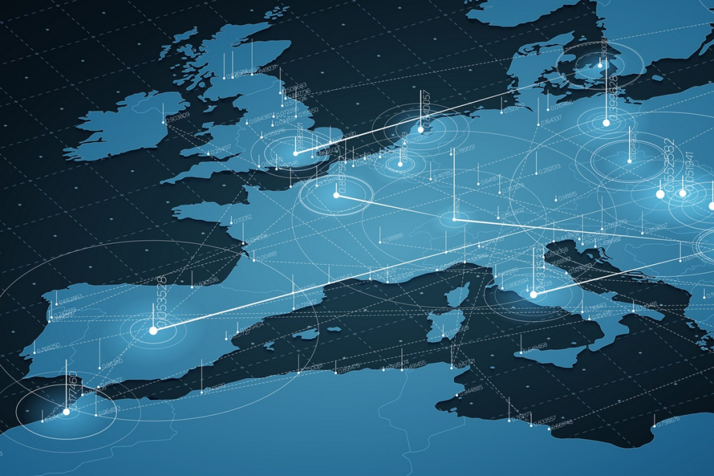 Europe Blue Map Big Data Visualization. Futuristic Map Infographic. Information Aesthetics. Visual Data Complexity. Complex Europe Data Graphic Visualization. Abstract Data On Map Graph.