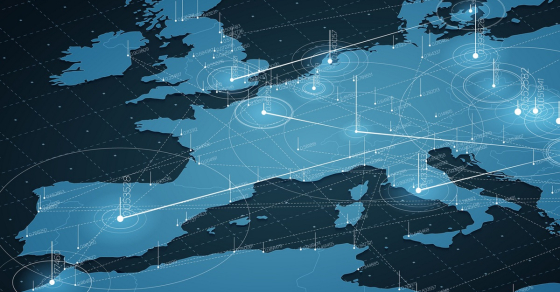 Europe Blue Map Big Data Visualization. Futuristic Map Infographic. Information Aesthetics. Visual Data Complexity. Complex Europe Data Graphic Visualization. Abstract Data On Map Graph.